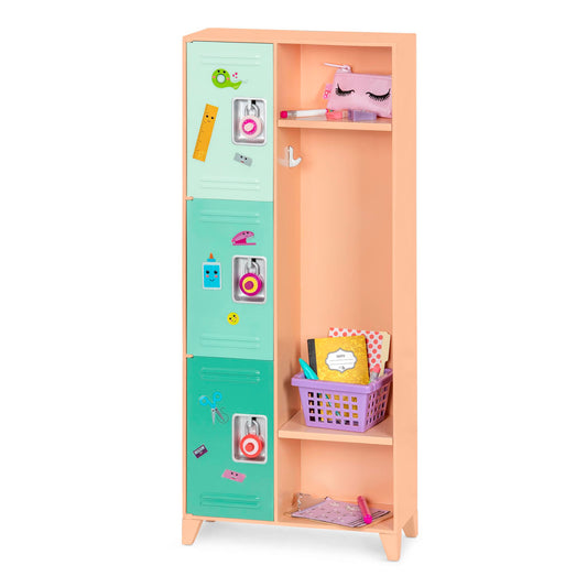 Our Generation Classroom Cool Locker Set featuring realistic school locker and accessories for 18-inch dolls.