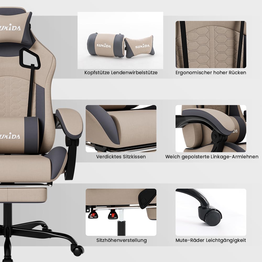 SUKIDA ergonomic gaming chair with headrest, lumbar support, footrest, and adjustable height for comfortable PC office seating