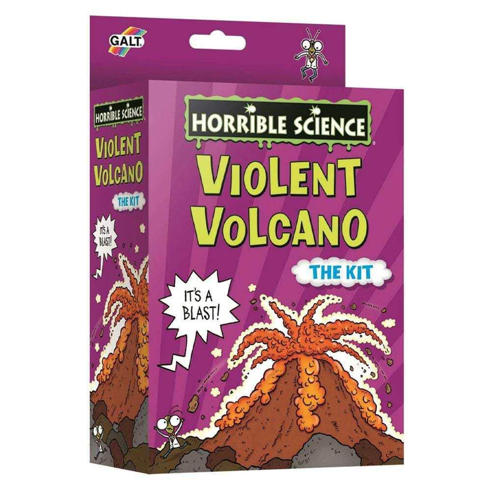 Galt Violent Volcano science kit for kids showing colorful volcano model, experiment tools, and eruption setup for fun science experiments.