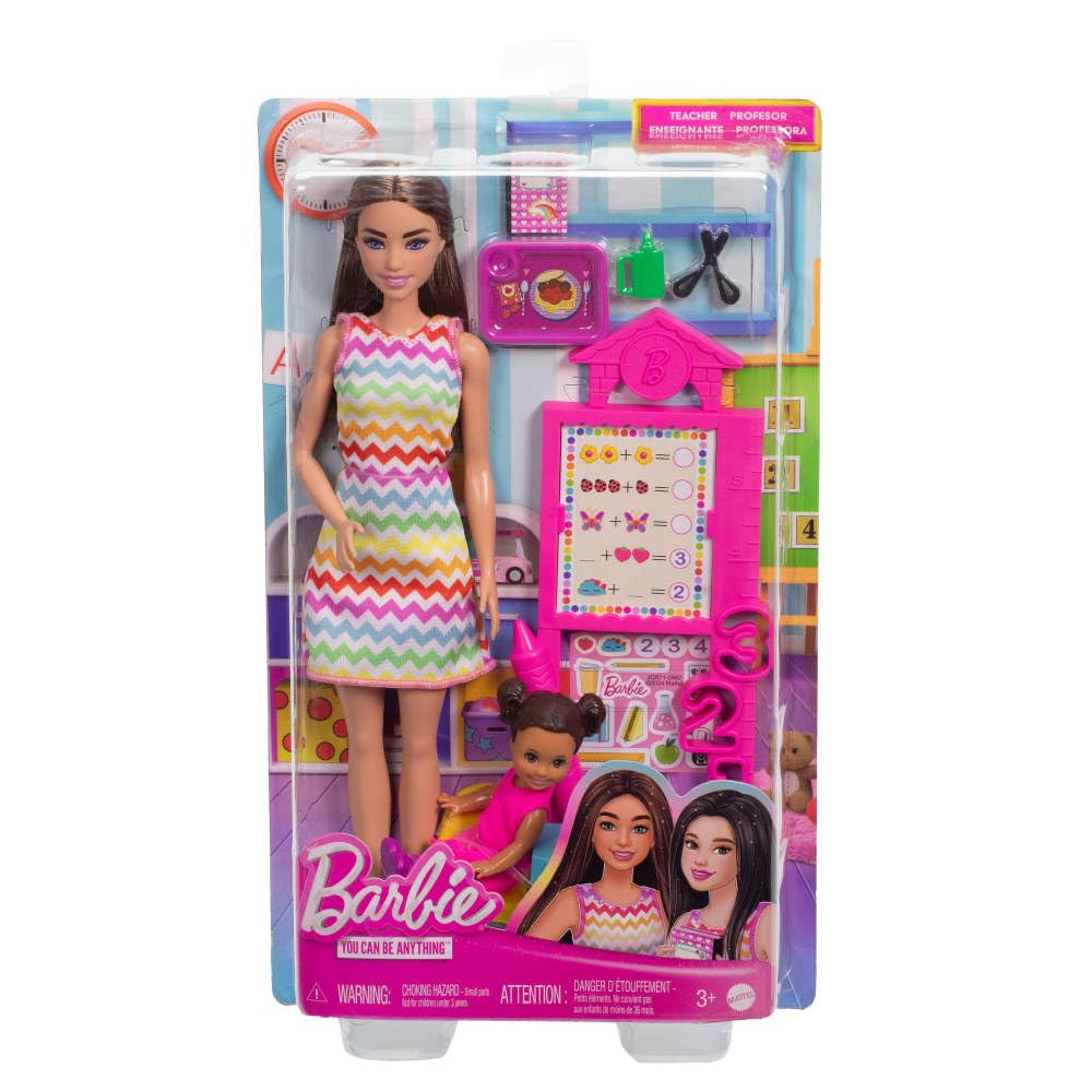 Barbie Teacher Doll with brunette hair, printed dress, toddler, and teaching accessories, perfect for educational play.