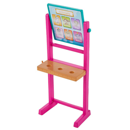 Barbie Teacher Doll with blonde hair, toddler brunette doll, flip board, laptop, backpack, toddler desk, and pet turtle.