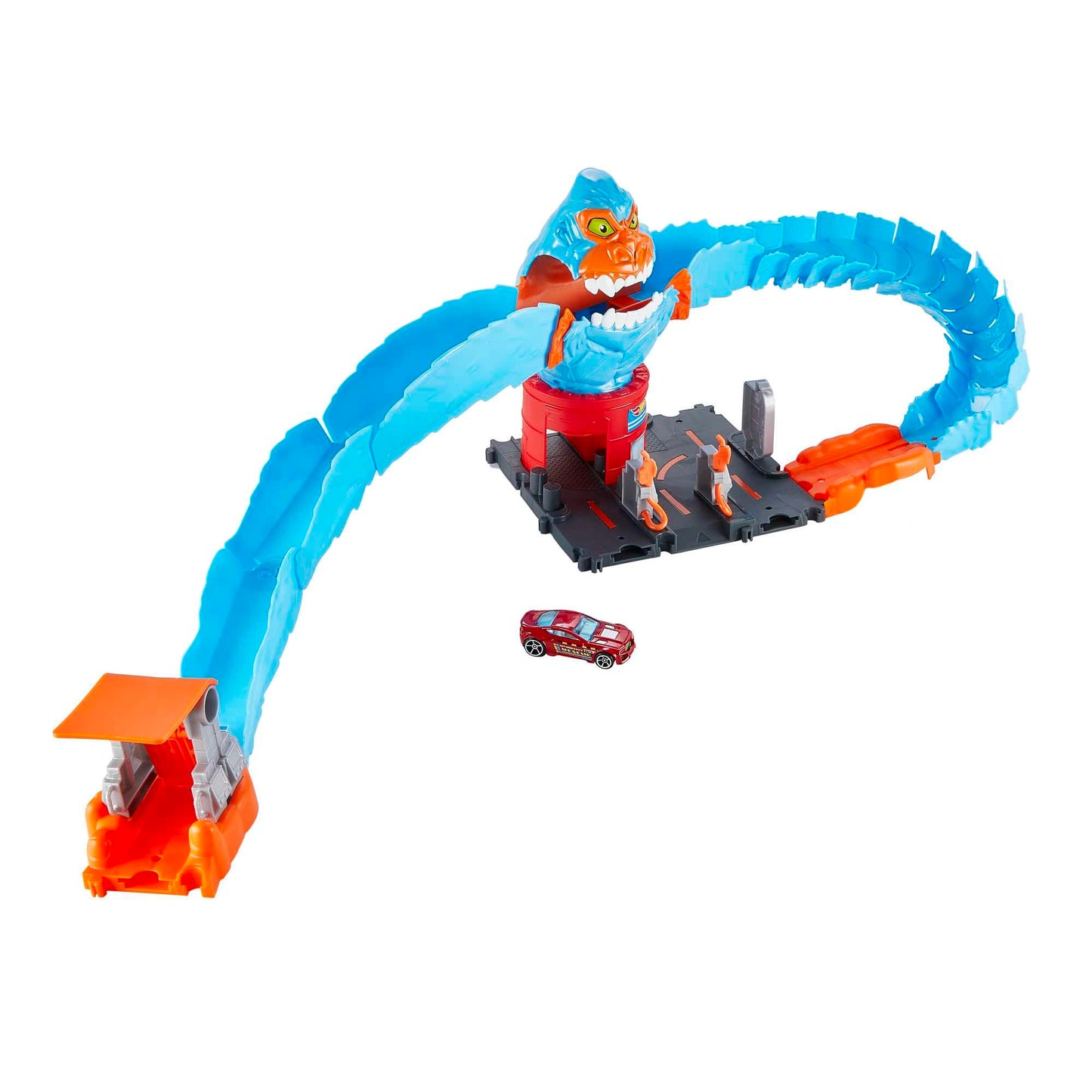Hot Wheels City Wreck & Ride Gorilla Attack set with car, featuring gas station theme and connection points for play.