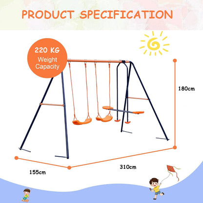 Metal Kids Garden Swing Set for Toddler, Heavy-Duty A-Frame with Double Swings and Glider,Adjustable Hanging Rope,Children Outdoor Backyard swing Set for 3+ Years Old, 200Kg