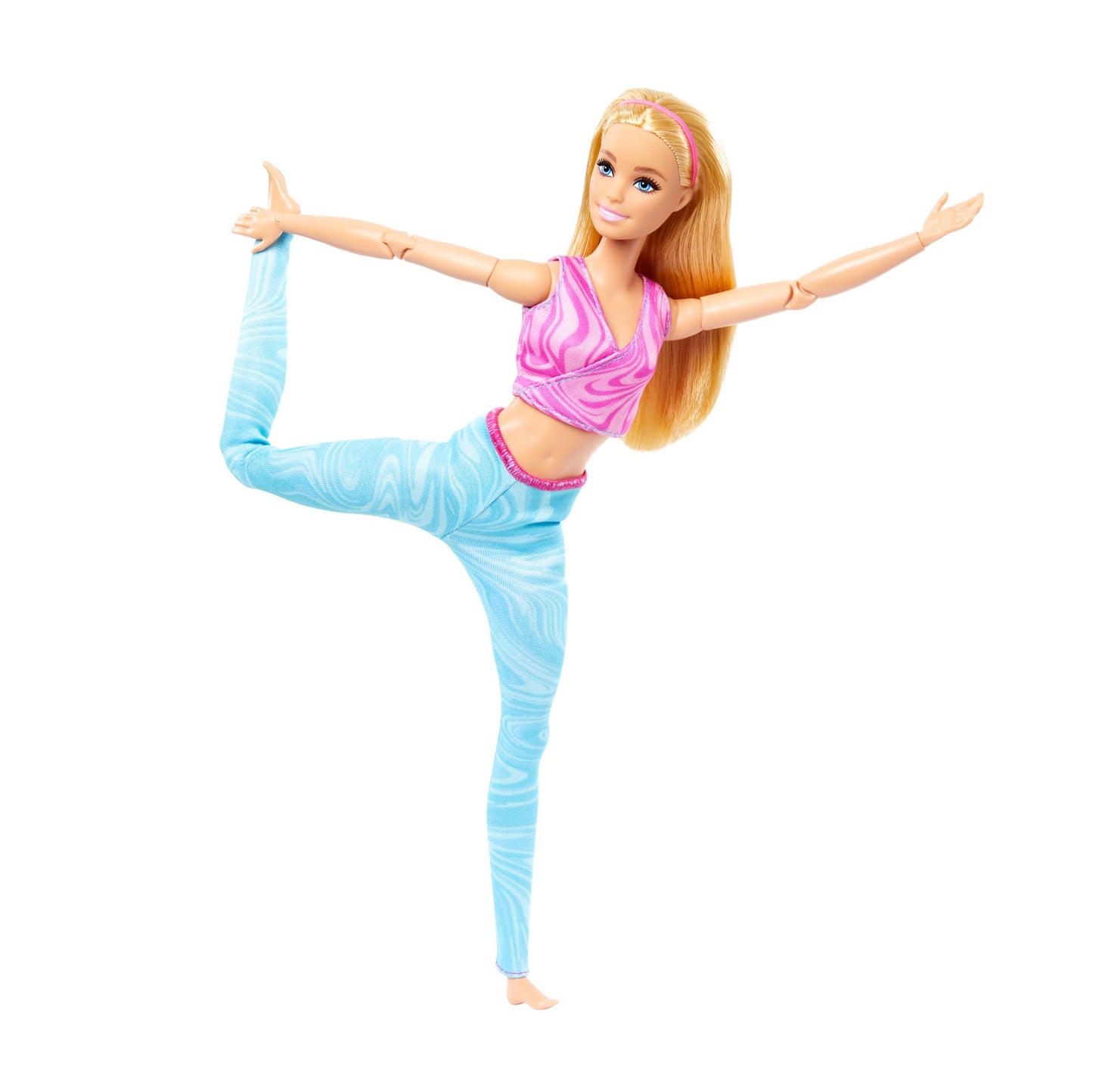 Barbie Made to Move doll with blonde hair in a pink sports top and blue yoga pants, showcasing 22 bendable joints.