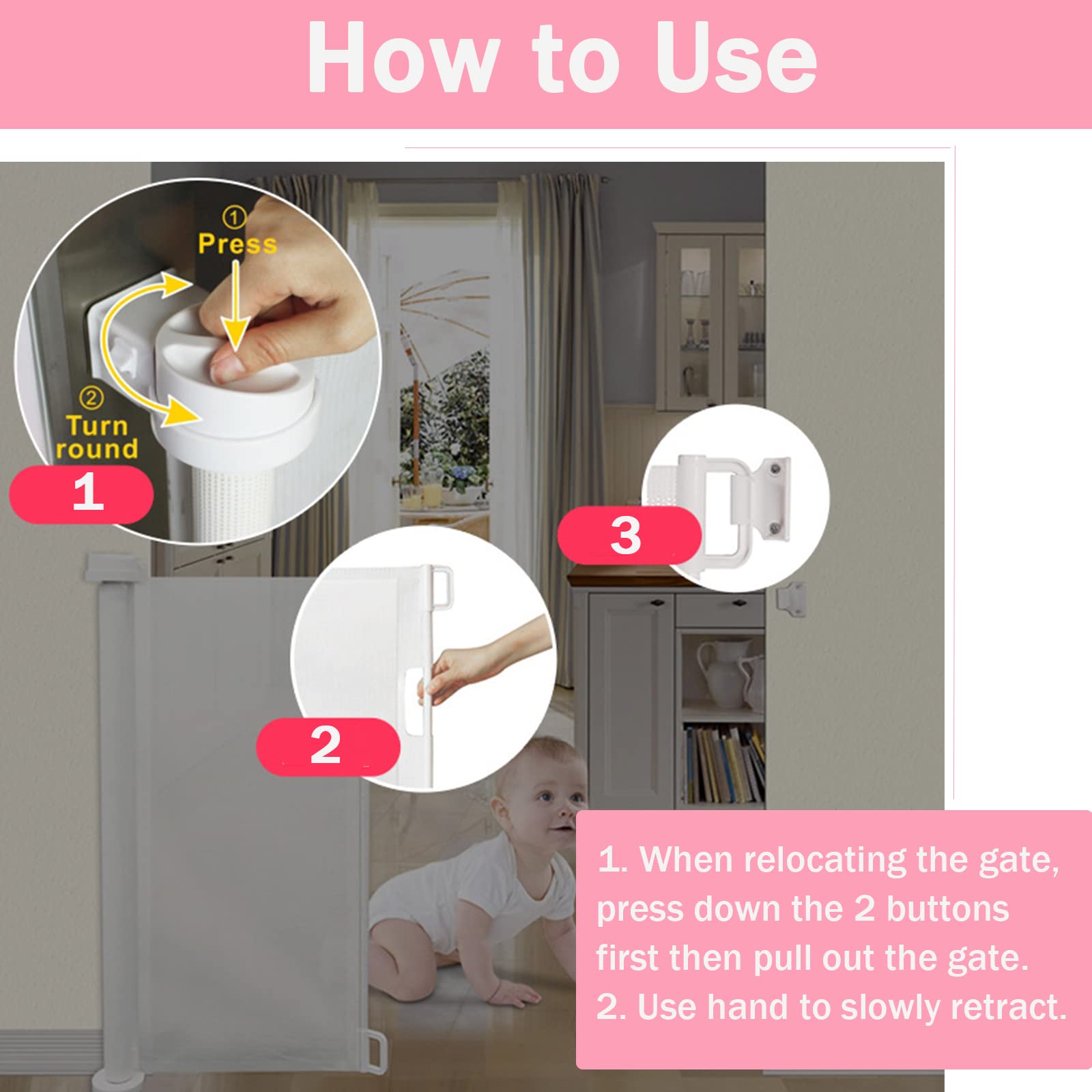 Retractable white mesh baby gate for stairs and hallways, suitable for dogs, portable safety gate with soft non-toxic mesh by JAOSY.