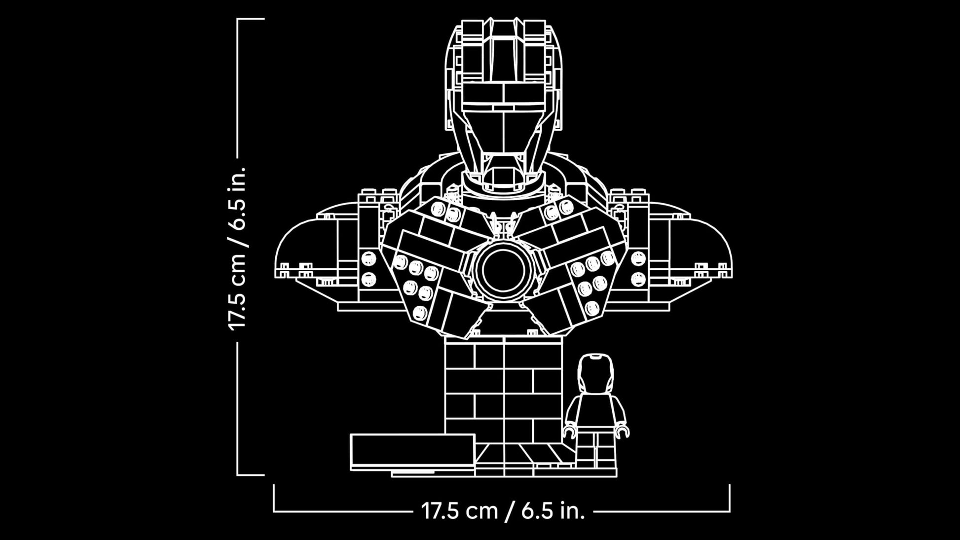 LEGO Marvel Iron Man MK4 Bust display model with Tony Stark minifigure, shoulder cannons, and rotating head.