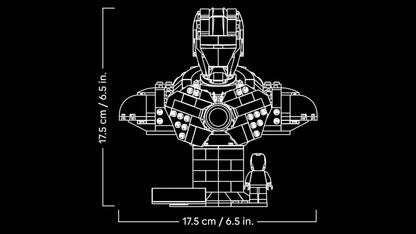 LEGO Marvel Iron Man MK4 Bust display model with Tony Stark minifigure, shoulder cannons, and rotating head.