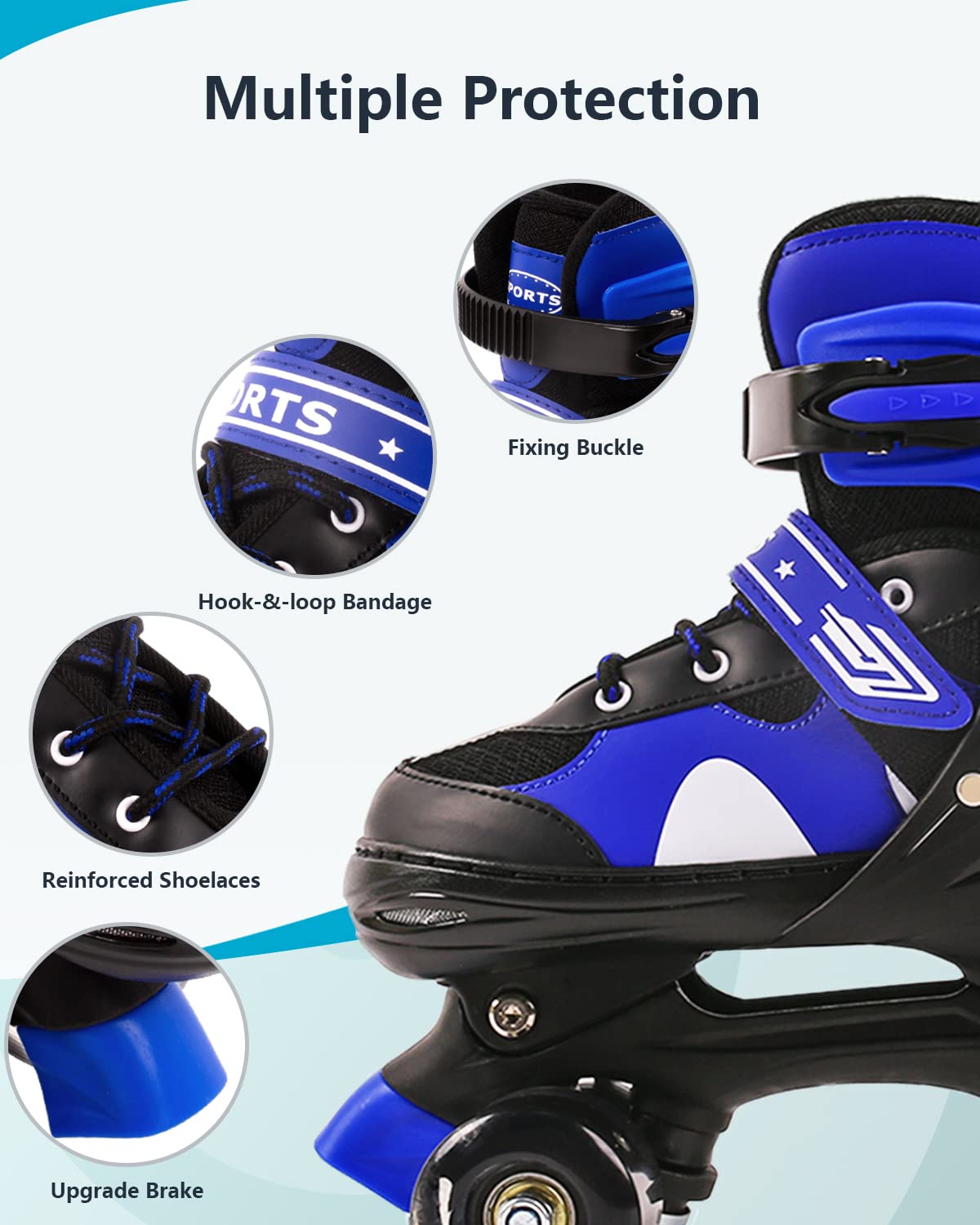 Ceestyle adjustable kids quad roller skates with blue boots, illuminating light-up wheels and built-in size adjusters for boys and girls.