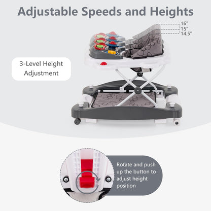 INFANS 5-in-1 baby walker with adjustable height, removable music tray, washable seat cushion, and foldable activity center for toddlers.