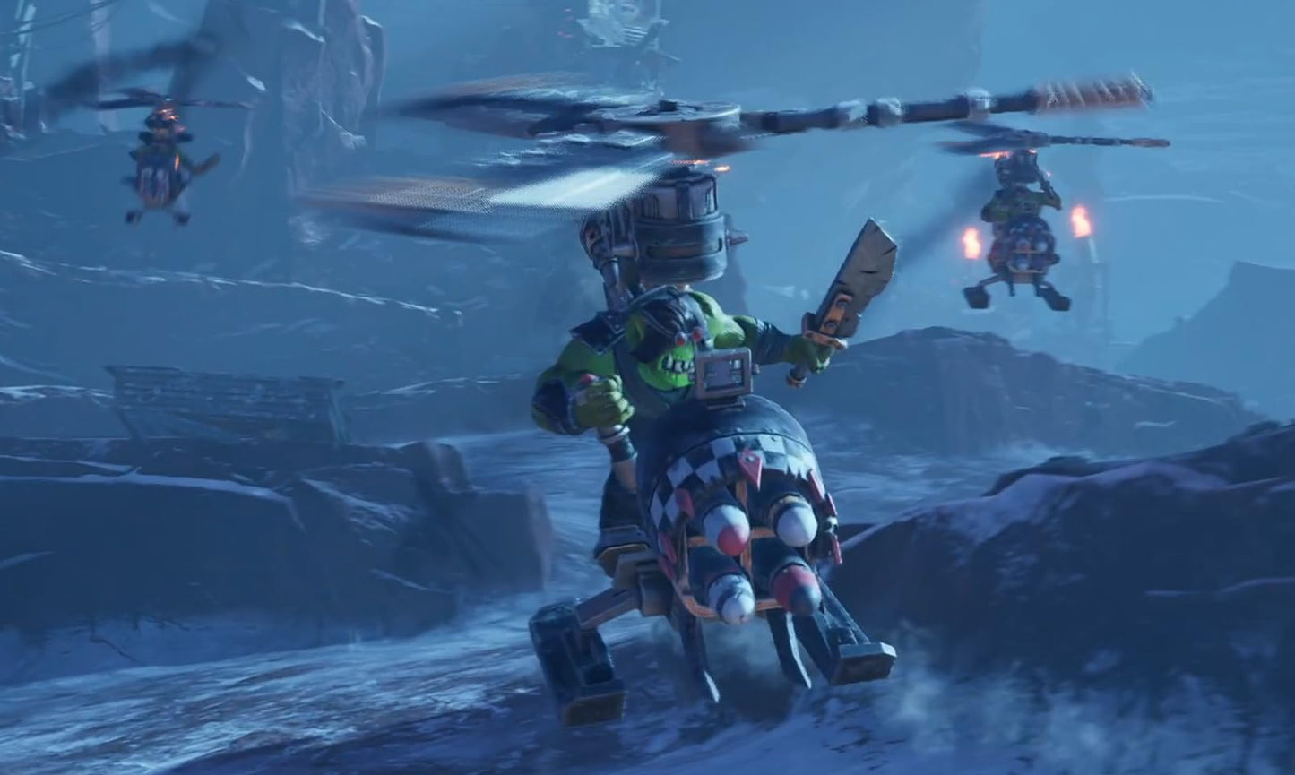 Warhammer 40,000 Speed Freeks PS5 game case with cover art, featuring orc vehicles and futuristic battle scenes.