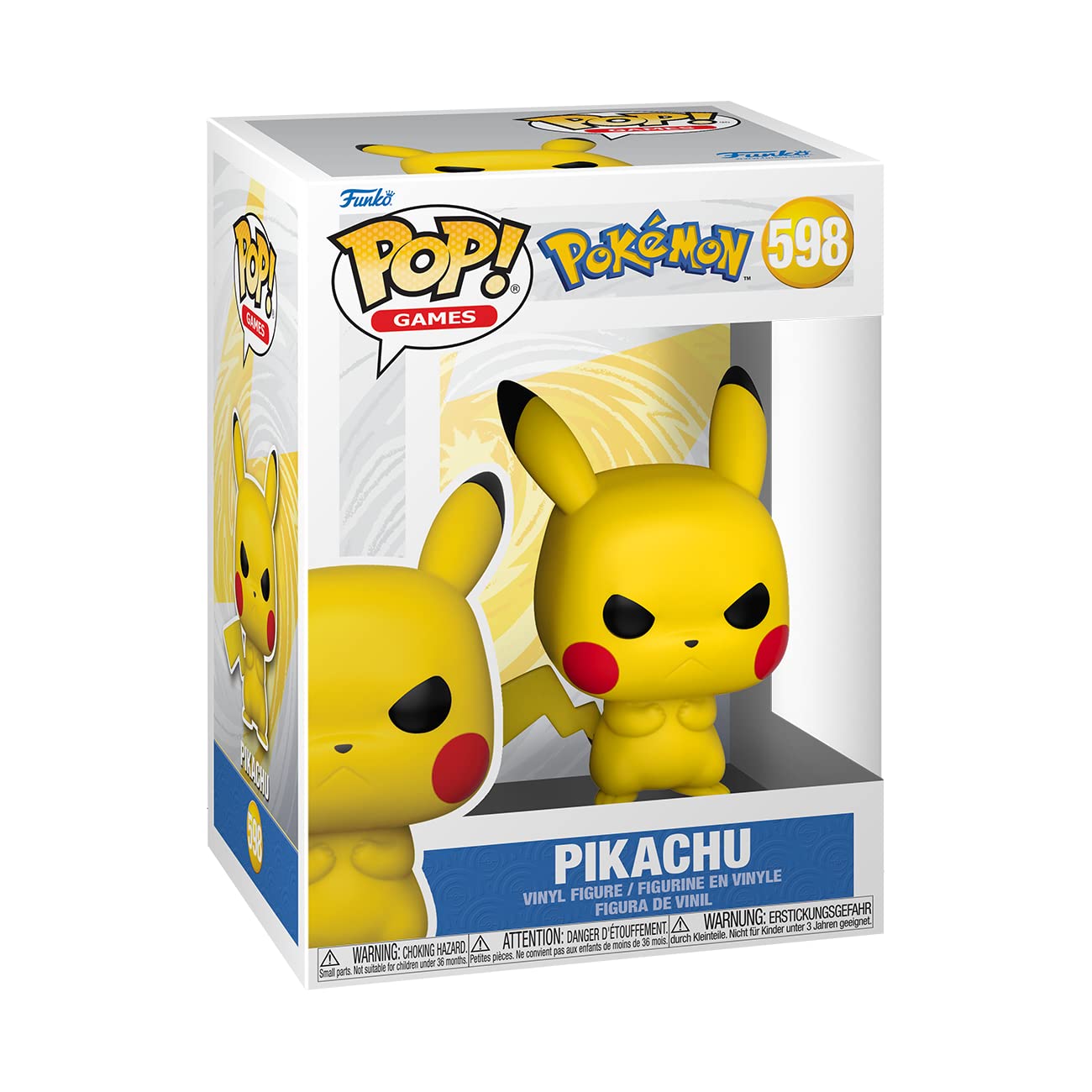 Grumpy Pikachu Funko Pop! vinyl figure, collectible toy for Pokemon fans, featuring a detailed design and vibrant colors.