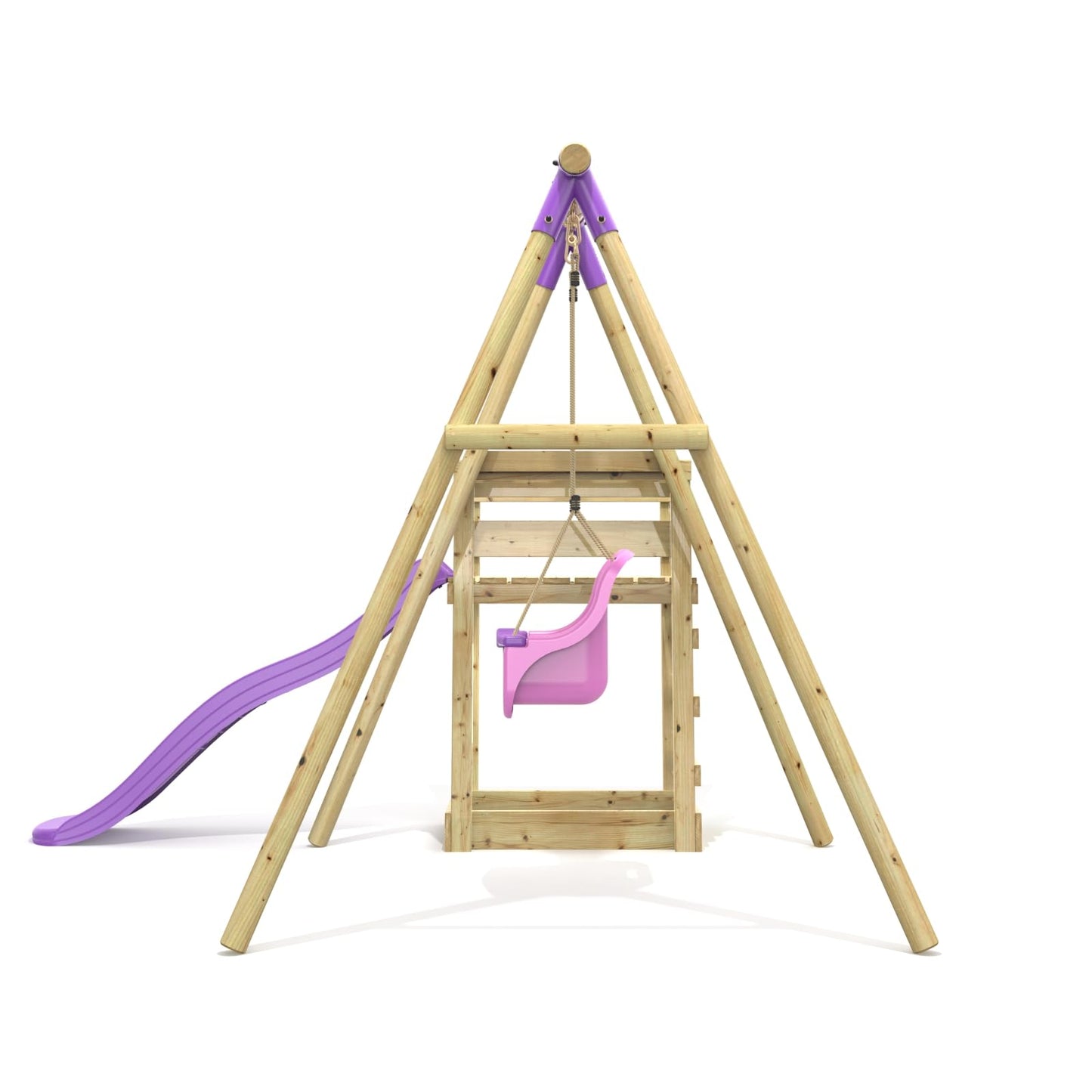 Rebo® Wooden Swing Set Plus Deck and Slide - Pluto Purple | OutdoorToys | Kids' Outdoor Wooden Play Equipment for Gardens, Frame and Accessories Included, Weather Resistant