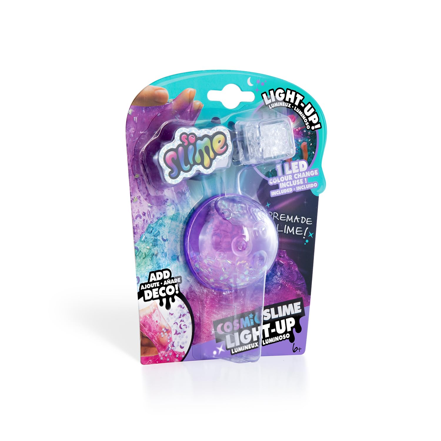 Color-changing LED cosmic slime set by Canal Toys with decorations, glow-in-the-dark features, and sensory slime for kids aged 6+