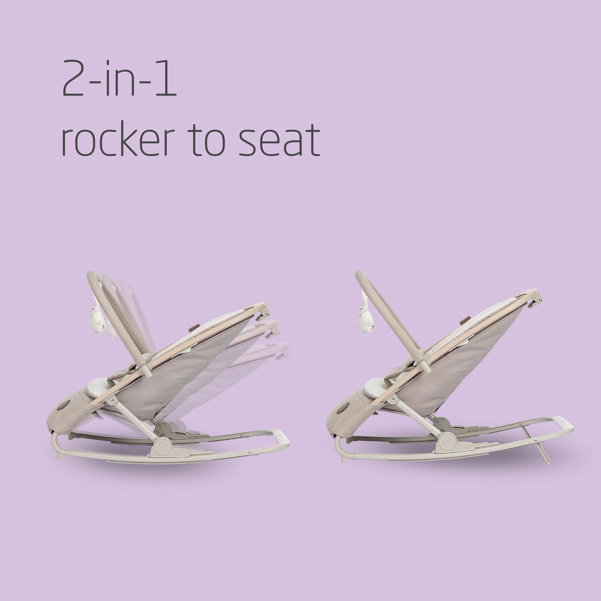 Maxi-Cosi Kori 2-in-1 ergonomic baby bouncer chair with toy arch, beige, showing adjustable recline, harness, and newborn pillow.