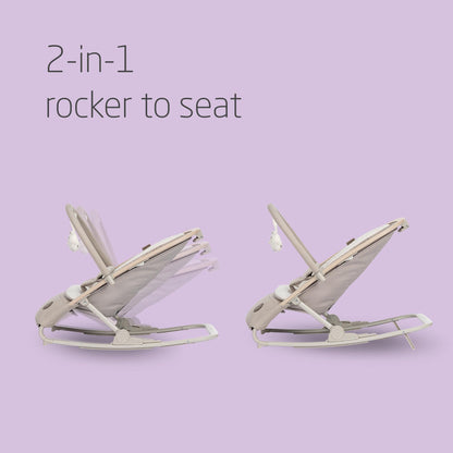 Maxi-Cosi Kori 2-in-1 ergonomic baby bouncer chair with toy arch, beige, showing adjustable recline, harness, and newborn pillow.