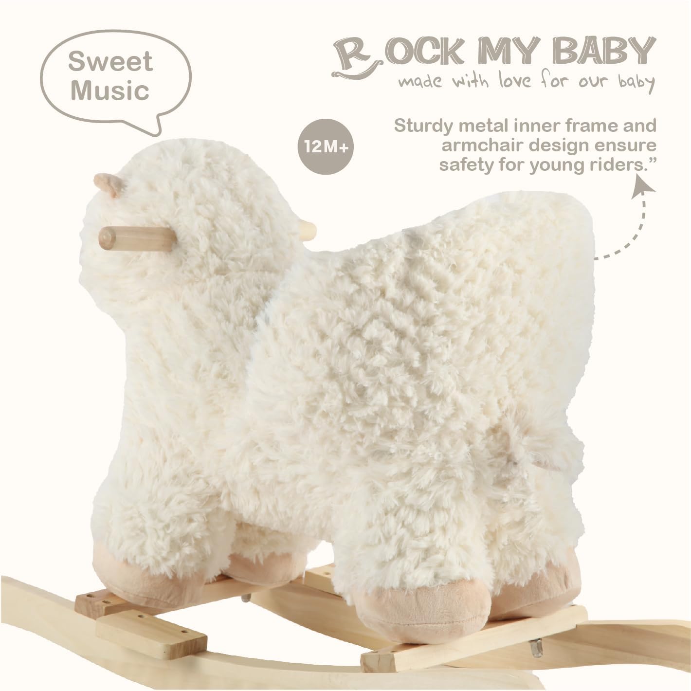 Rock My Baby Plush Rocking Horse - Soft Stuffed Body,Safety Seat Chair, Wooden Rockers, Music Button – Toddler Ride-On Toy for Ages 1–3(beige)