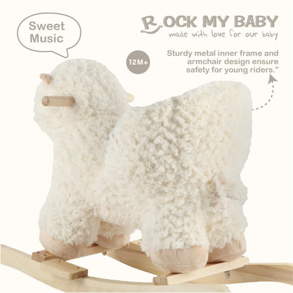 Rock My Baby Plush Rocking Horse - Soft Stuffed Body,Safety Seat Chair, Wooden Rockers, Music Button – Toddler Ride-On Toy for Ages 1–3(beige)
