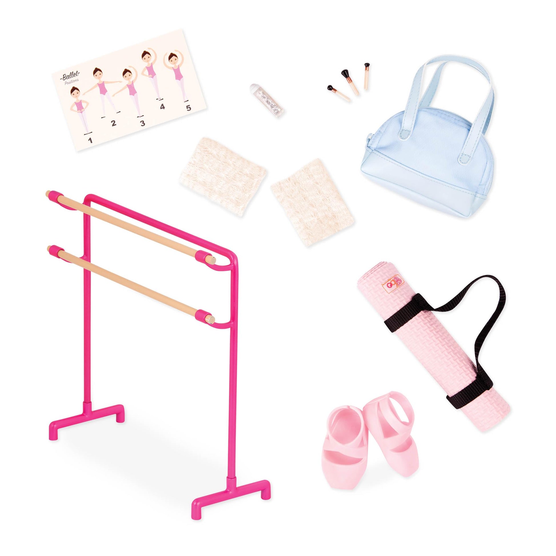 Our Generation Dancing Feet Ballet Accessory Set for 46cm dolls, featuring ballet shoes, a tutu, and accessories.