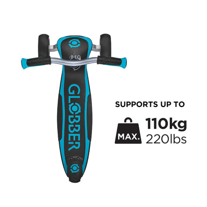Globber Ultimum 3 Wheel Scooter in aqua, featuring adjustable height, wide deck, and folding design for ages 5 and up.