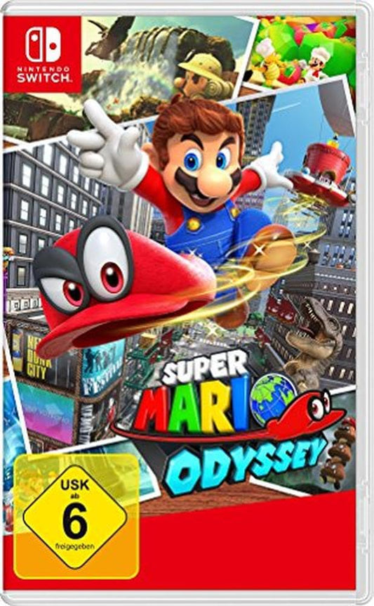 Nintendo Super Mario Odyssey game case with colorful cover art featuring Mario in a vibrant, cartoon-style world.