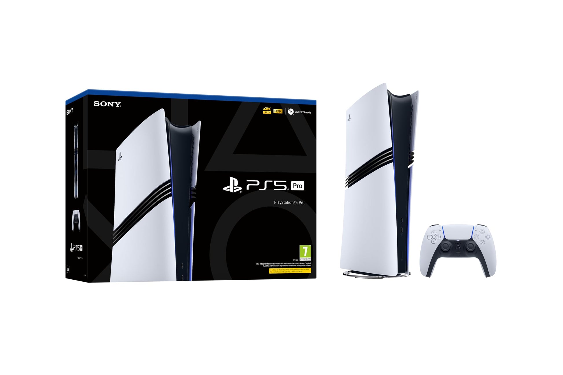PlayStation 5 Pro gaming console with sleek design, black and white color scheme, and disc drive visible on the front.