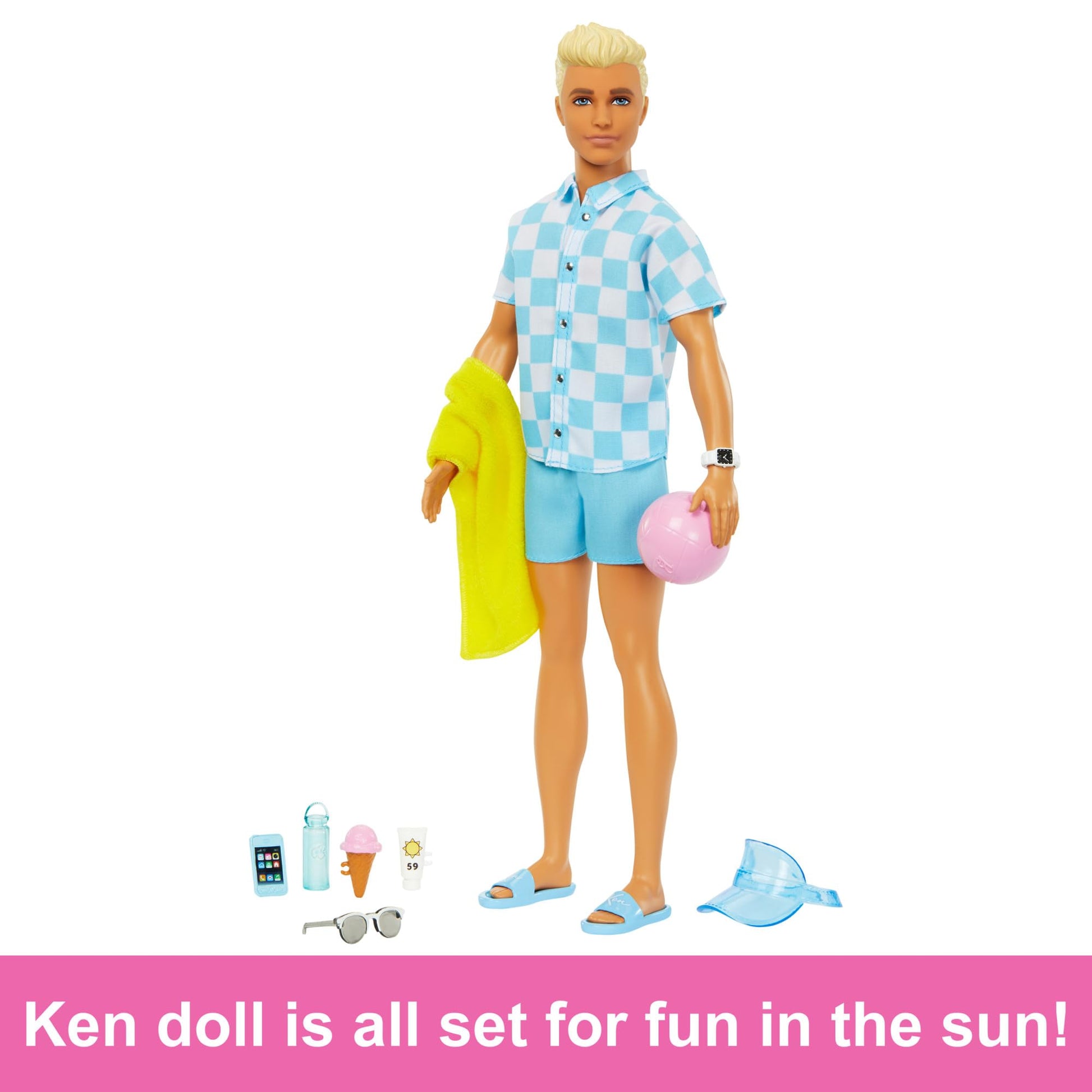Blonde Ken doll wearing a blue button-down, swim trunks, visor, towel, and beach-themed accessories by Barbie.