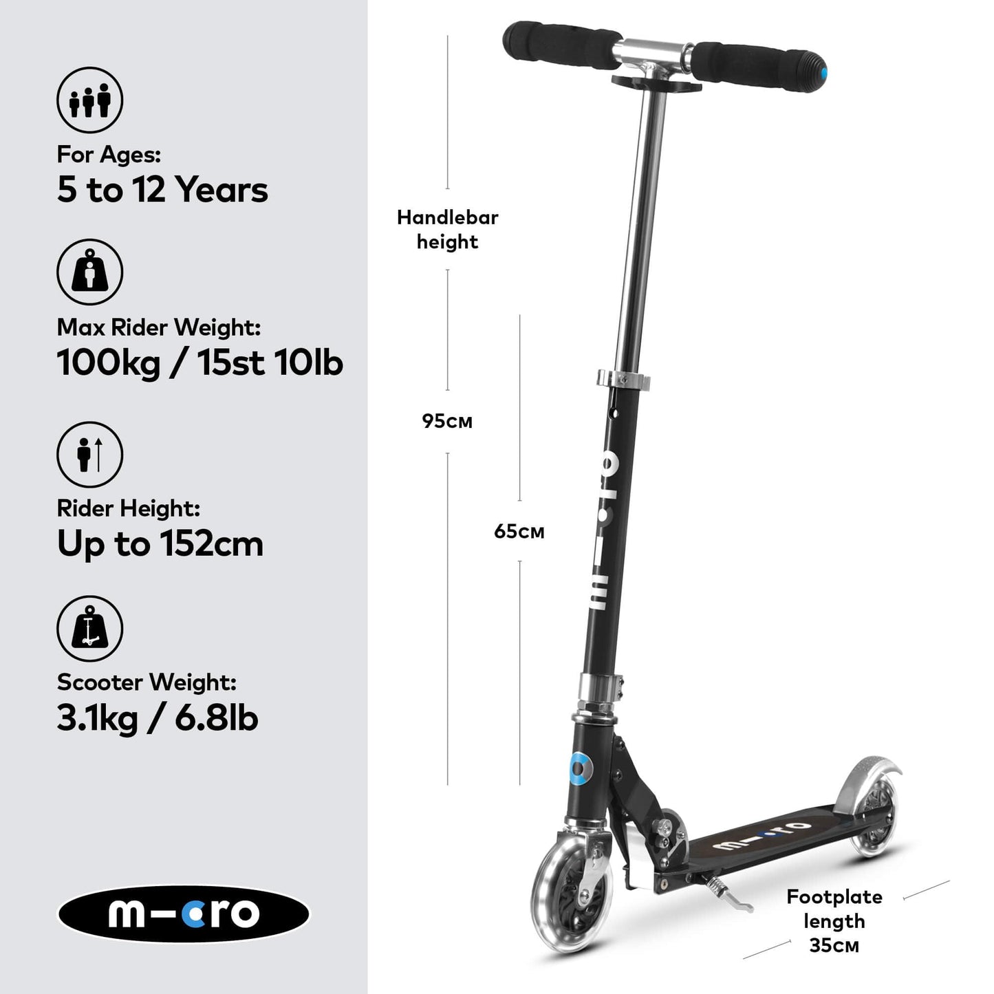 Micro Scooters | Micro Sprite Classic LED Children's Scooter | Handlebar Adjustable | Light Up Wheels | Foldable | Kickstand | 5 to Teen | Boys & Girls | Black