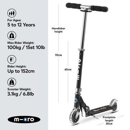 Micro Scooters | Micro Sprite Classic LED Children's Scooter | Handlebar Adjustable | Light Up Wheels | Foldable | Kickstand | 5 to Teen | Boys & Girls | Black