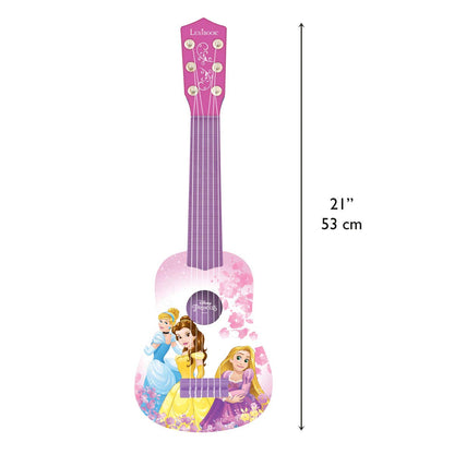 Pink Disney Princess children's guitar by Lexibook with 6 nylon strings, 21-inch length, and beginner guide included.