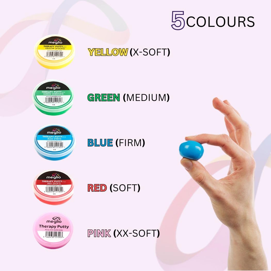 Meglio Hand Therapy Putty in color-coded tubs, 57g each, for strength training and stress relief, suitable for adults and children.