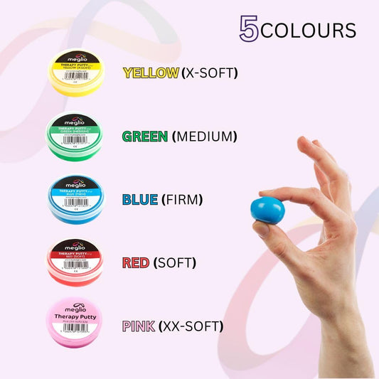 Meglio Hand Therapy Putty in color-coded tubs, 57g each, for strength training and stress relief, suitable for adults and children.
