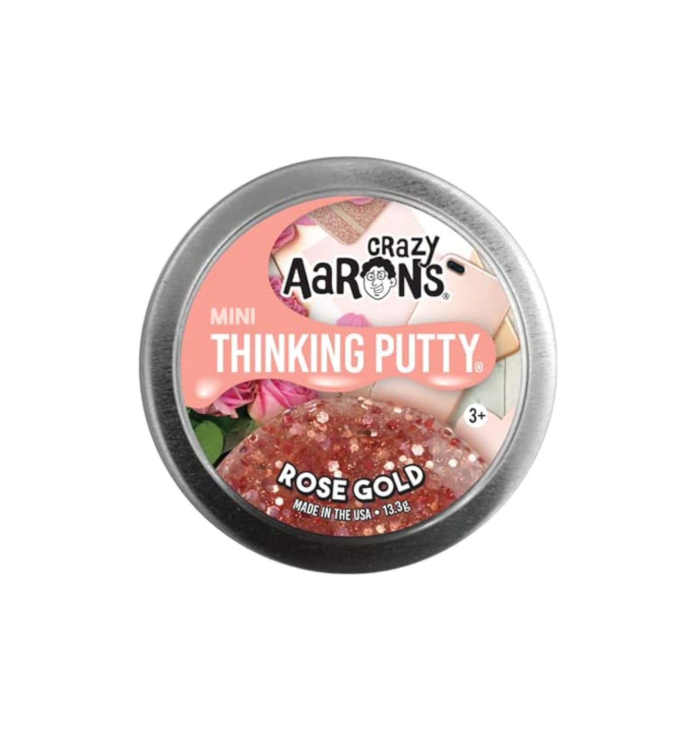 Crazy Aaron's Rose Gold Thinking Foam Stretch Toy mini tin, colorful stress-relief toy with flexible foam material.