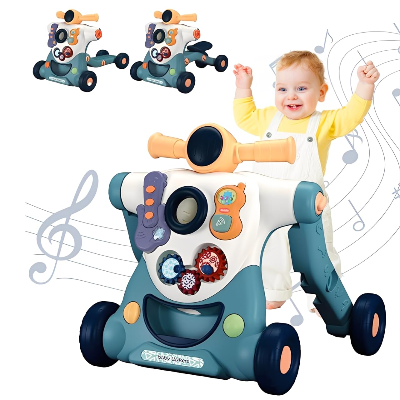 Blue Forroby 3-in-1 baby walker with music, activity panel, and adjustable speed for toddlers, sitting and standing options.