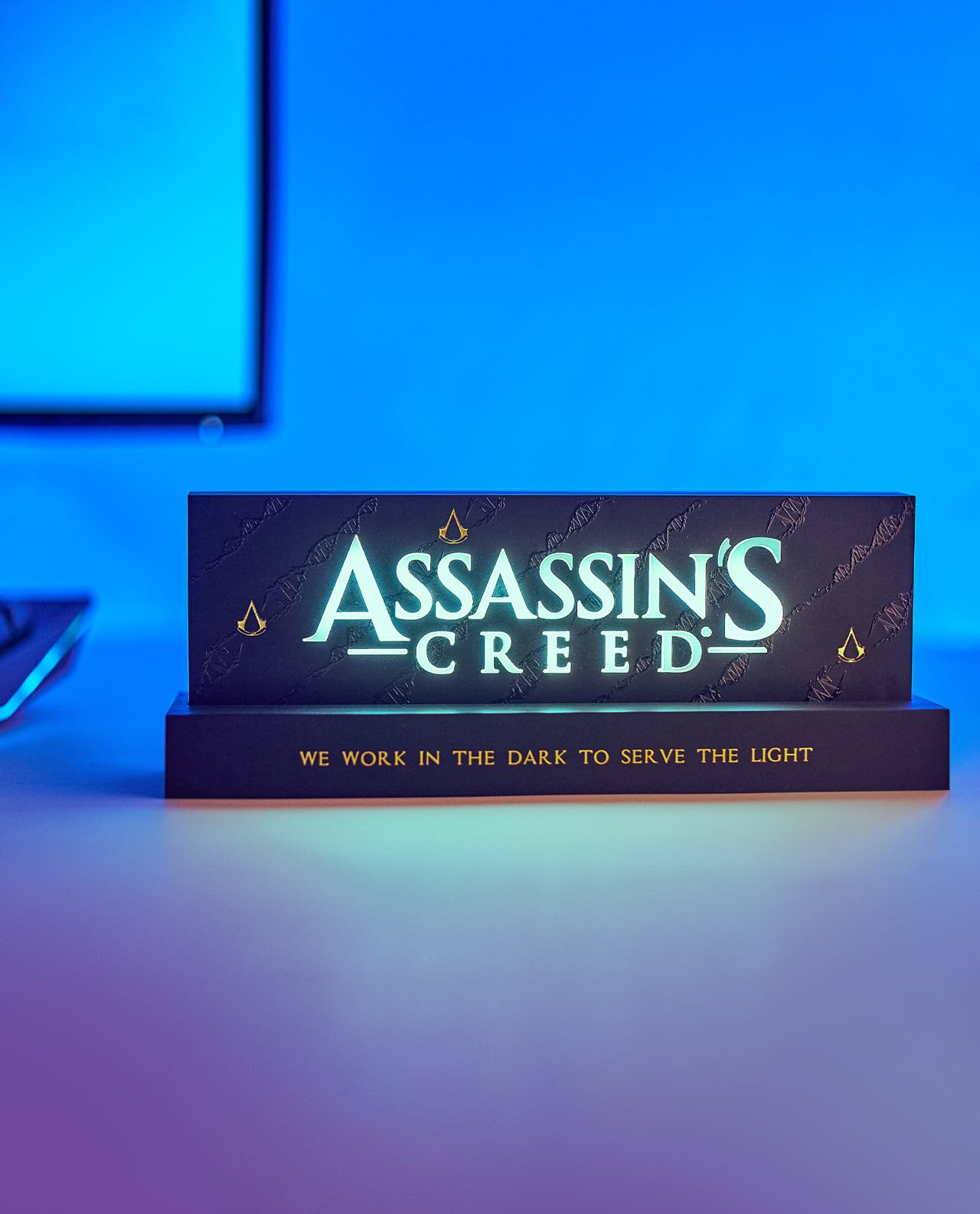 Neamedia Assassin's Creed logo LED light lamp for living room or office, compatible with mobile, XBox, PS5, and PC.