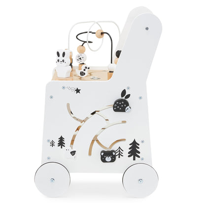 Mamabrum wooden baby walker with wheels featuring shape sorter, bead mazes, gears, stacking blocks, and abacus for 12+ months.