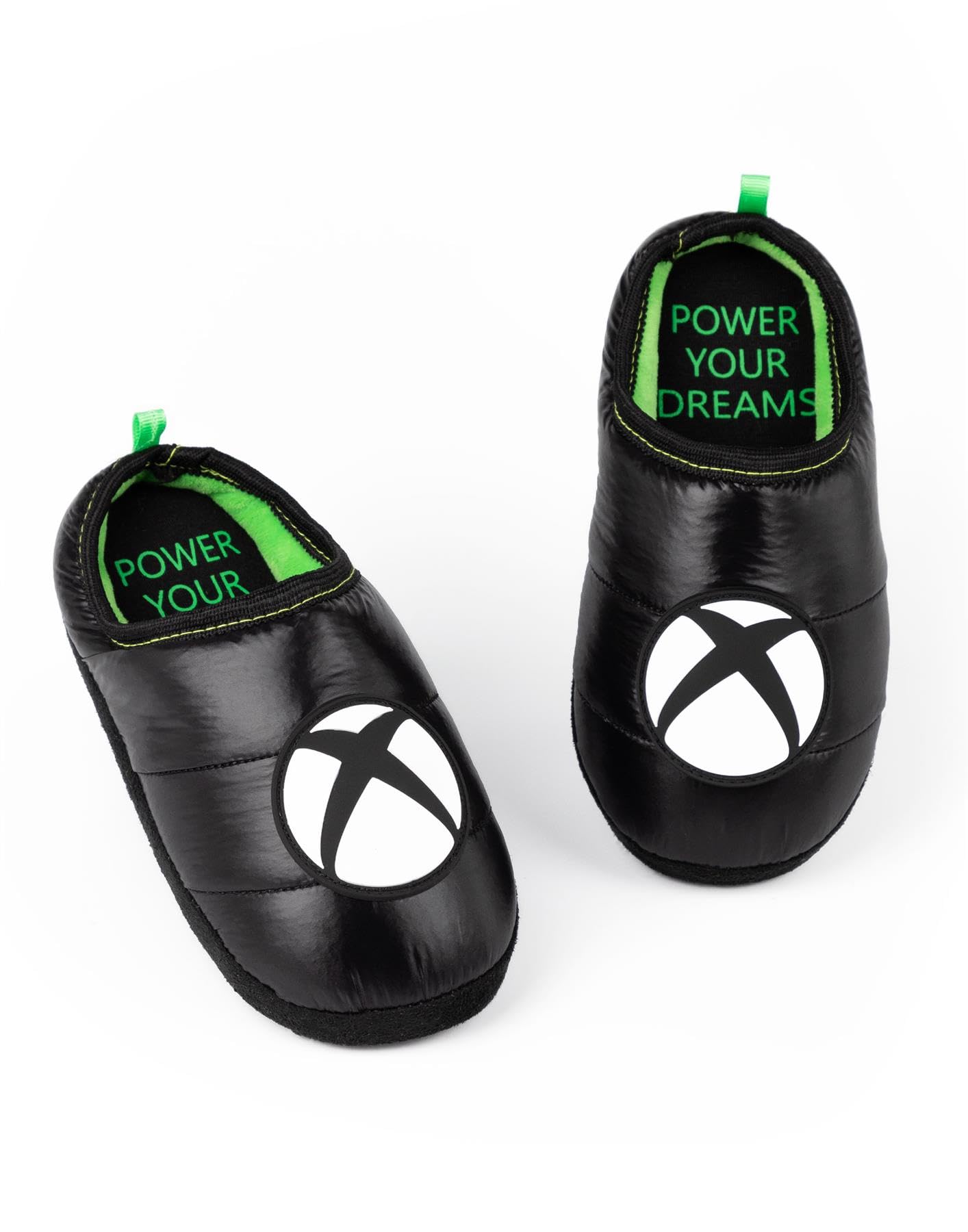 Black and green Xbox slippers for kids and teens, slip-on house shoes with Xbox logo, comfortable game console-themed footwear.