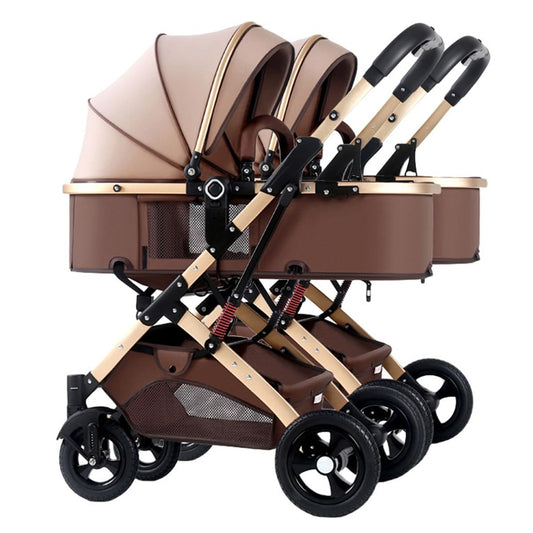 Twins Cozy Compact Twin Pram Stroller - Double Seat Tandem Toddler Stroller, Can Sit & Lie, Detachable Pushchair for Infant, Easy Fold Carriage, Multi-Position Reclining Seats (Color: Brown)