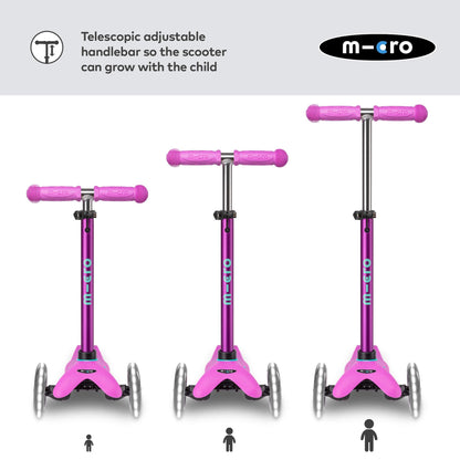 Micro Scooters | Mini Micro Deluxe LED Children's Scooter | Extra Grippy Deck | Weather Tested Stem | Remove & Fold Handlebar | Light Up Wheels | 2-5yrs | Boys & Girls | Lavender