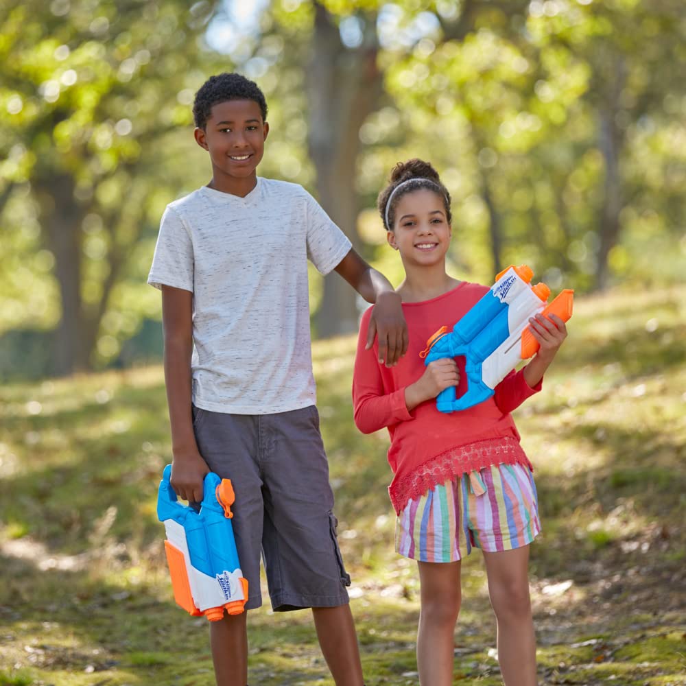 Nerf Super Soaker Twin Tide water blaster with pump action, outdoor water toy, featuring dual water nozzles and vibrant colors.