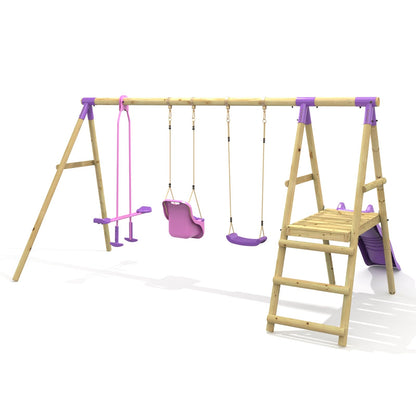Rebo® Wooden Swing Set with Platform and Slide - Voyager Purple | OutdoorToys | Baby Seat, Glider and Regular Seat | Kids' Outdoor Wooden Play Equipment for Gardens, Weather Resistant