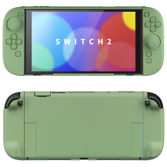 playvital Solid Color Nintendo Switch 2 protective case in Matcha Green with hard shell, foldable stand, thumb grips, and anti-scratch design