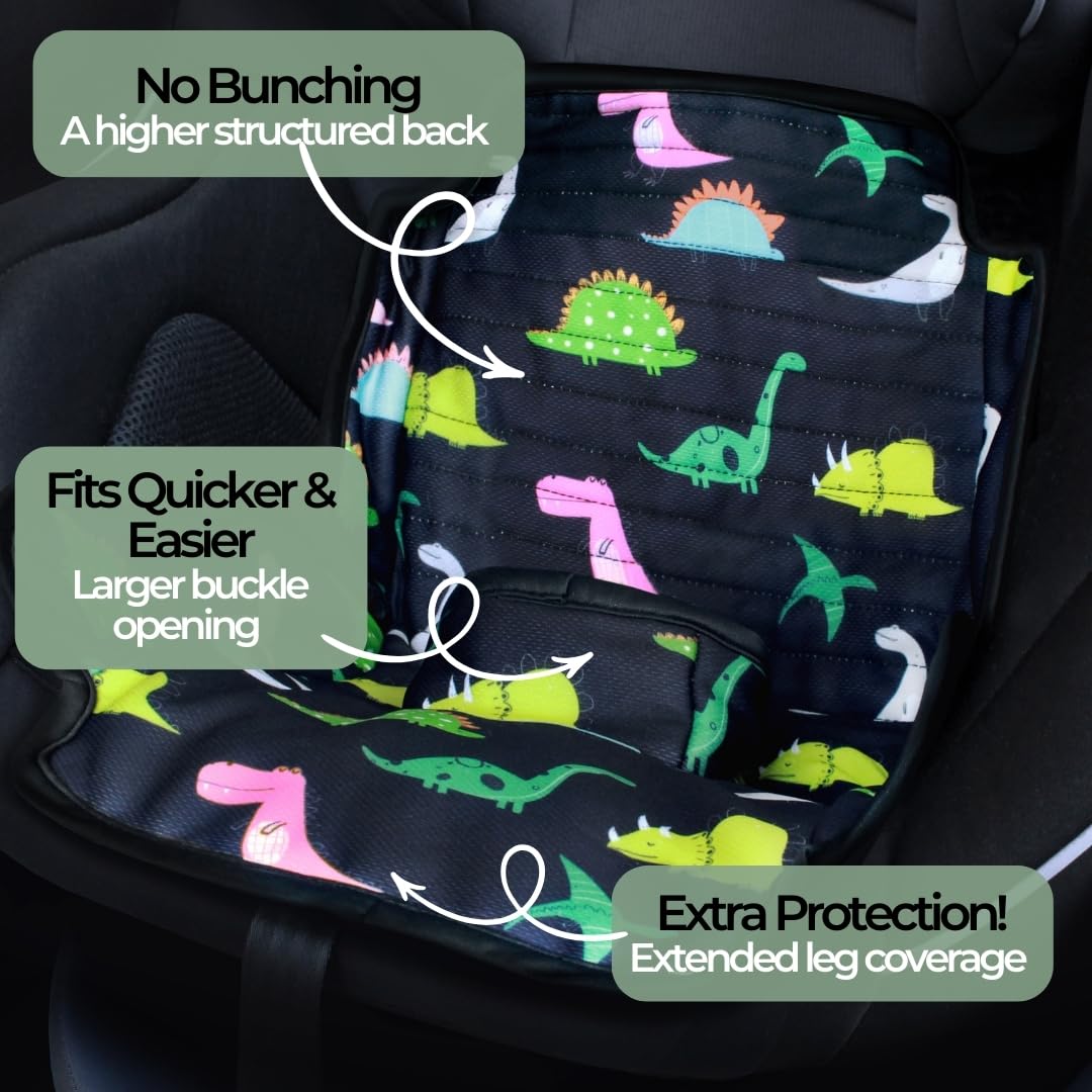Hygge Supplies dinosaur-themed car seat protector for toddlers, waterproof potty training pushchair cover with leak protection.