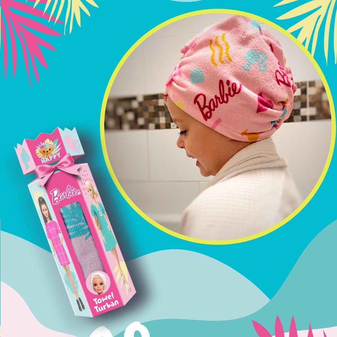 Barbie microfiber hair towel turban in pink, ideal for children, showcasing quick-dry fabric and gift set packaging.