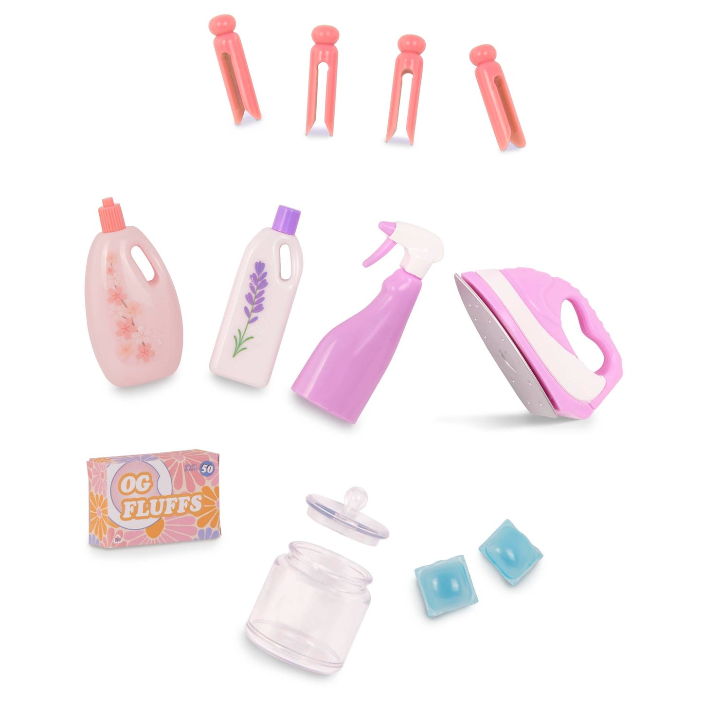 Our Generation doll washing machine set with drying rack, iron, and cleaning accessories for 18-inch dolls.
