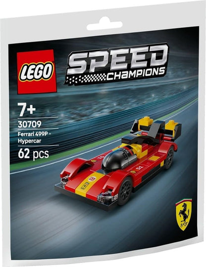 LEGO Speed Champions Ferrari 499P hypercar set with detailed build and racing design, showcasing vibrant red color.