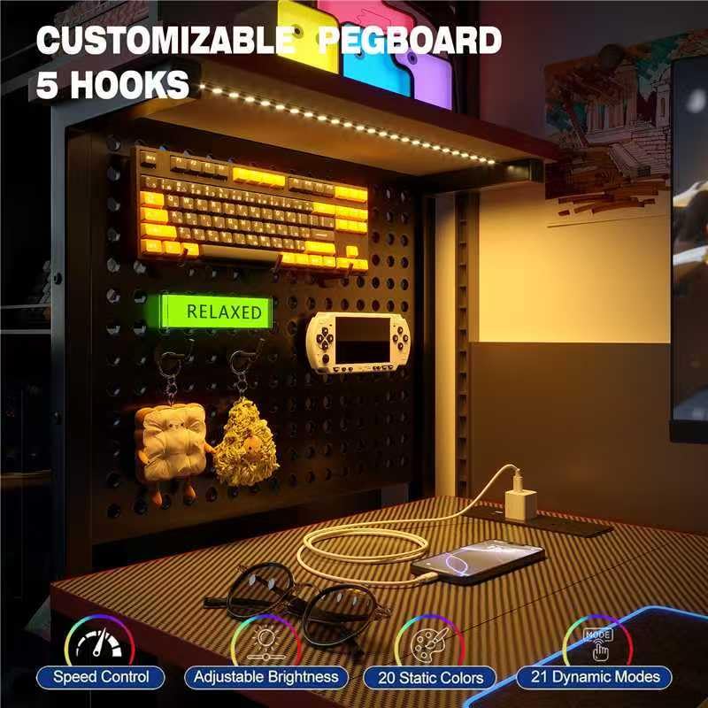 Xyphren Gaming Desk 100 x 50 cm with Pegboard & Power Outlet & LED Light, Small Computer Desk with Reversible Shelves for Corner Home Office Desk, Black