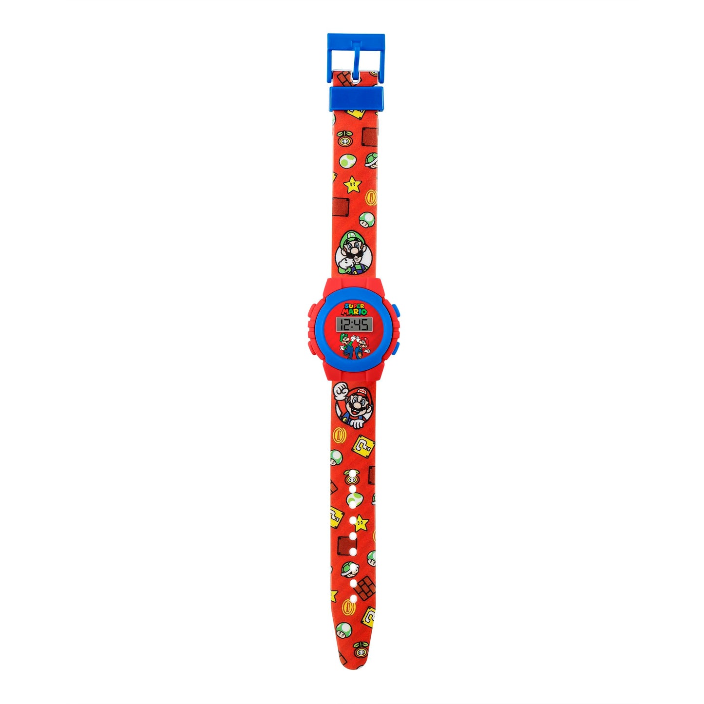 Super Mario Super Red Digital Watch GSM4234 displaying time with red band and digital screen on a white background.