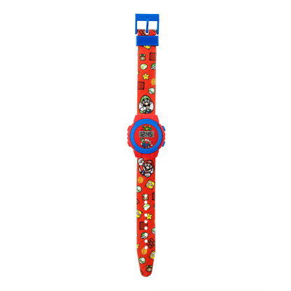 Super Mario Super Red Digital Watch GSM4234 displaying time with red band and digital screen on a white background.