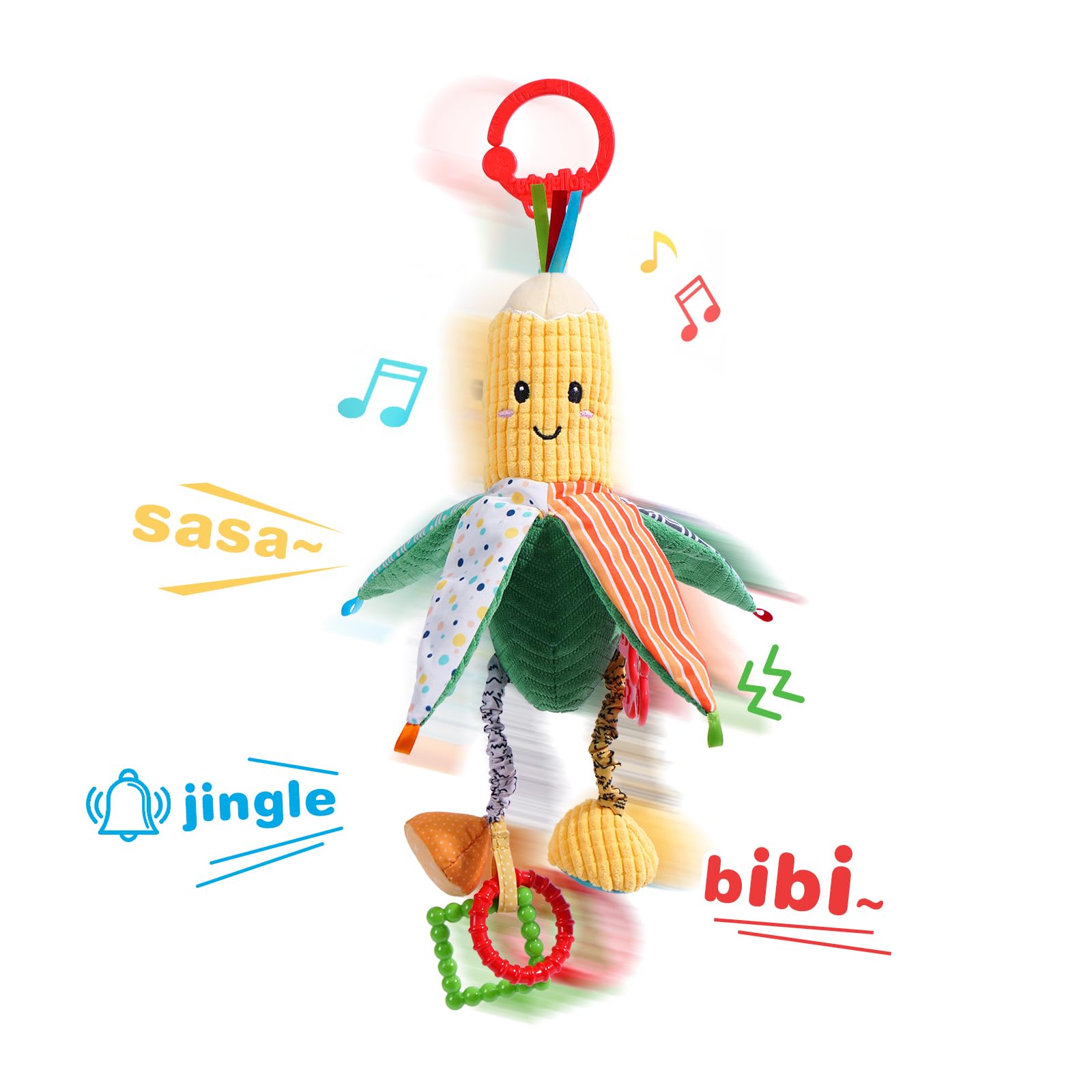 Jollybaby baby rattles hanging toys with crinkle and teether for pram, car seat, or play gym, ideal for tummy time and sensory play.