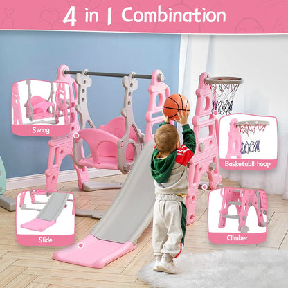 FUKEA Baby Swing Slide, 4-in-1 Toddler Slide and Swing Set with Basketball Hoop, Garden Climbing Frame, Outdoor Indoor Large Slide Swing for Toddlers Age 1-3, Kids Gift (Pink)